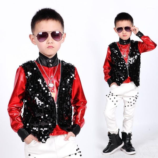 

boys hip hop dance costumes black sequined tank jacket white studded pants children jazz performance clothes stage wear dn51351, Black;red