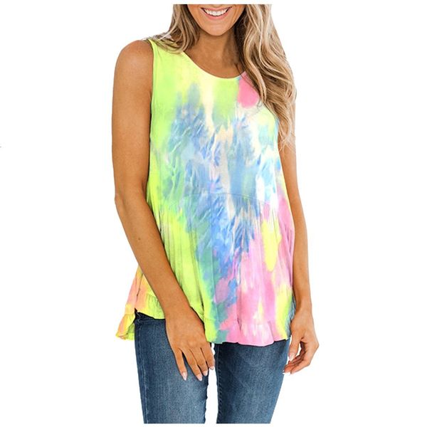 

2020 new summer women's t-shirt casual o neck sleeveless tie dye gradient printing tee plus size, White