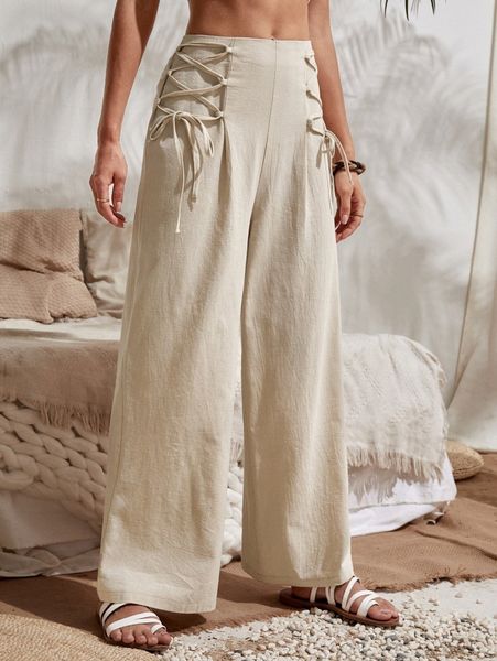 

lace up side solid pants j7xe#, Black;white