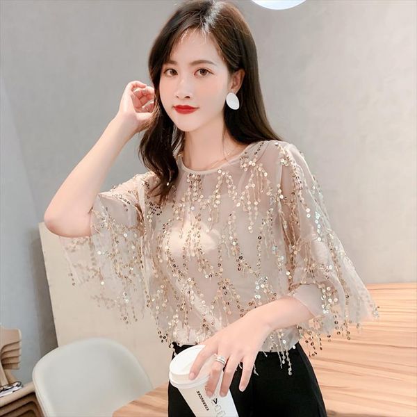 

blusas womens shirt 2019 lace sequin shirt women summer trumpet sleeve chiffon blouse plus size women clothing, White