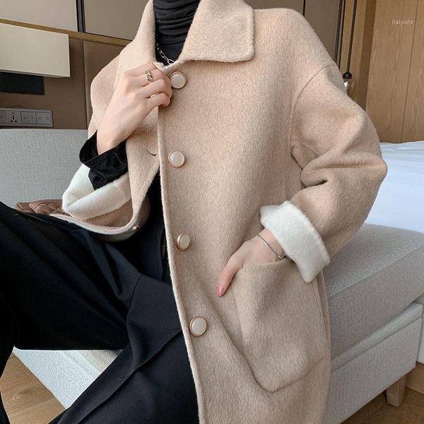 

2020 new double-sided 100% australian merino wool coat for women loose high-end mid long autumn winter woolen outerwear1, Black