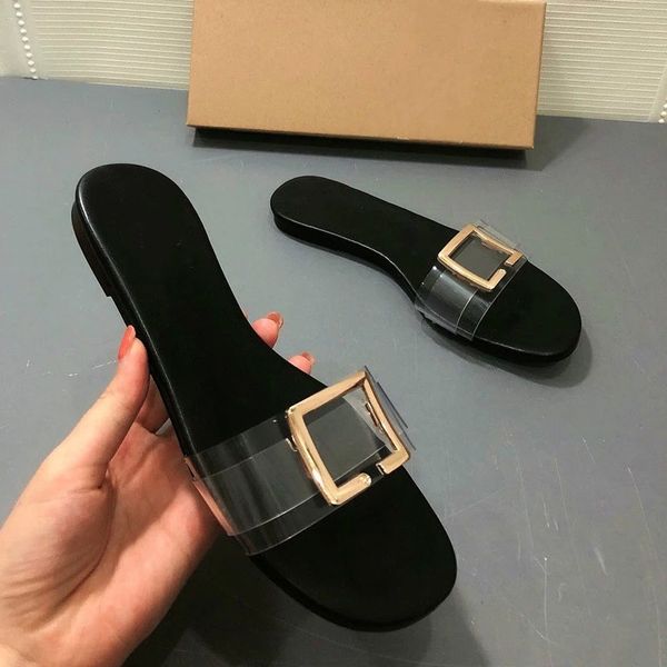 

summer flip flops women's shoes transparent flat slippers metal square buckle open-toed fashion retro simple female slides #xc2a, Black