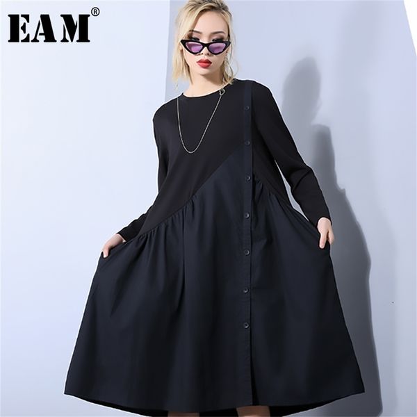 

[eam] 2020 new spring autumn round neck long sleeve black loose pleated irregular split joint dress women fashion tide lj200909, Black;gray