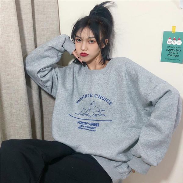 

o-neck women printed fashion all-match plus womens warm sweatshirt korean pullover loose velvet hoodies leisure style ulzzang xkplk, Black