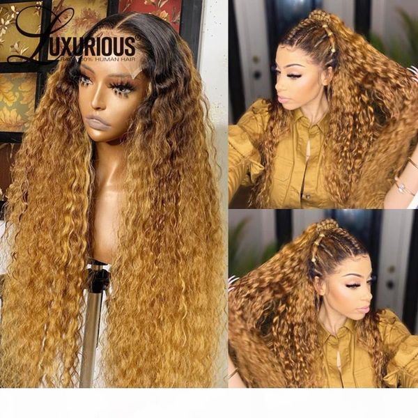 

13x6 lace front human hair wigs with hd transparent lace curly front wig pre plucked bralizian ombre blonde wig 180%, Black;brown
