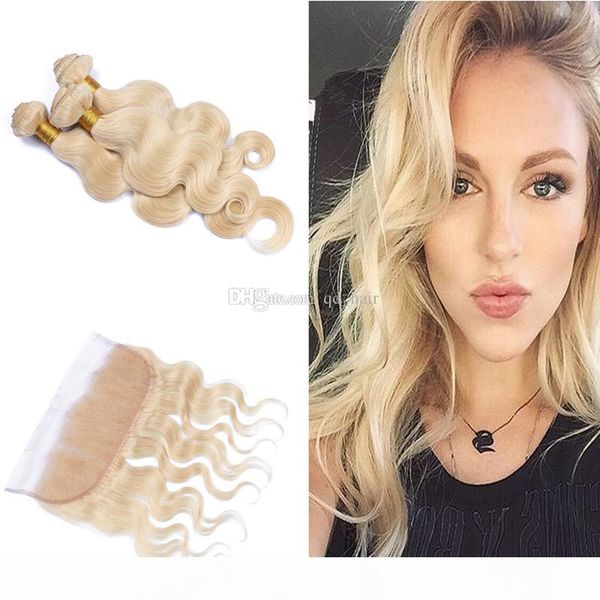 

selling blonde 613 human hair 3 bundles with lace frontal ear to ear lace frontal with body wave hair extension 4pcd lot, Black