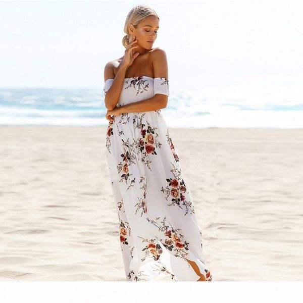 

flower pinted strapless dress off shoulder split dress holiday summer beach long dresses fashion women dress will and sandy clothes, Black;gray