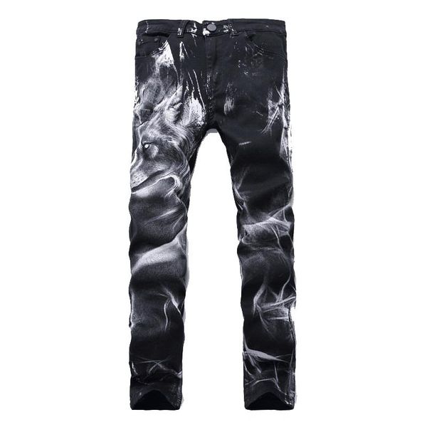 

jeans men's wolf printed jeans men slim straight black stretch designer pants, Blue