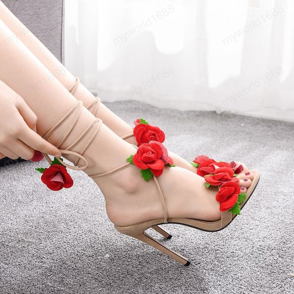 Sandali da donna Fiori Sandalo Fiore rosa rossa Cravatta incrociata Tacco alto Punta aperta Tacchi estivi Abito da donna Scarpe sexy