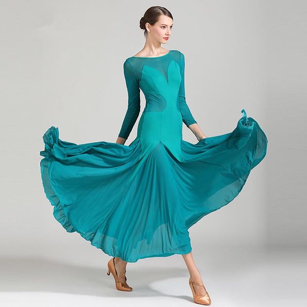 

stage wear green red ballroom dance competition dresses lady mesh long sleeve flamenco waltz clothes women standard dress, Black;red