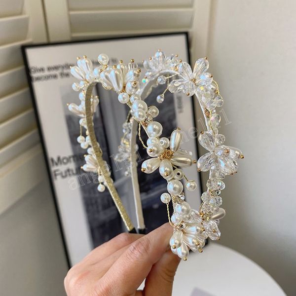 

pearl crystal flower headbands fashion hair accessories women trend high-end bridal thin hairband hair hoop headwear, Slivery;white