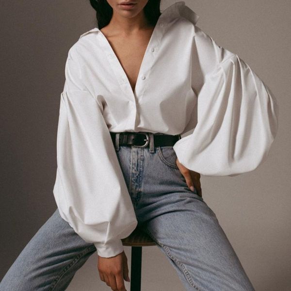 

women autumn lantern long sleeve blouse vintage england style lapel button down shirts solid color office lady loose top, White