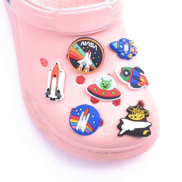 

designer low price custom cartoon shoe charm rocket plane earth for kids slippers, White;pink