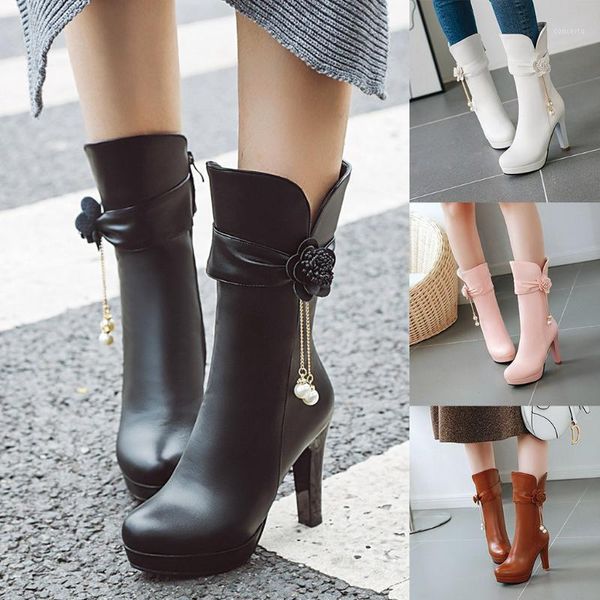 

winter boots women short plush winter high heel round head warm zipper women's boots flower pearl low thick heel shoe1, Black