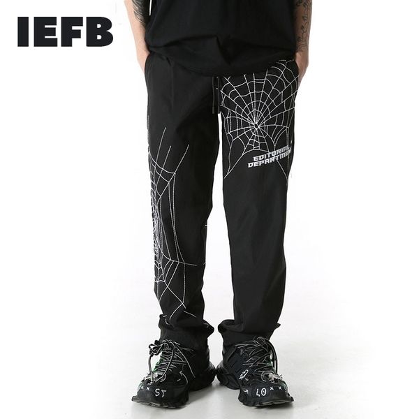 

iefb /men's wear hip hop loose elastic waist pants embroidery ankle pants autumn casual drewstring sportwear male 9y1729 201126, Black