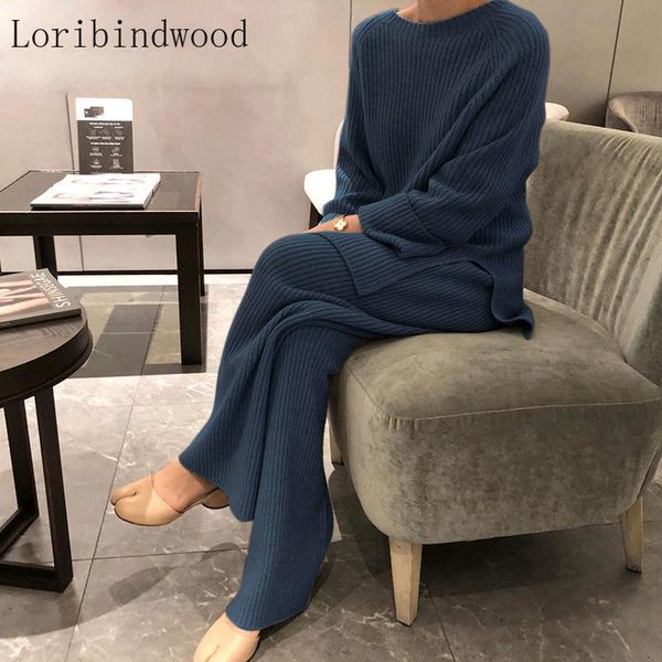 

autumn winter knitted tracksuit fashion sweater two piece suits long sleeve thick pullover + full length wide leg pants set, Gray