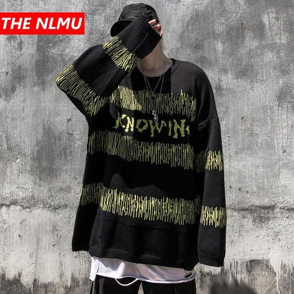 

men's sweaters loose stripe knitted jumper streetwear men 2021 hip hop harajuku casual pullover knitwear oversize wq1911, White;black