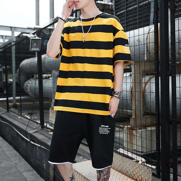 

sports hip handsome sleeve shorts summer korean casual men's fashion versatile short two piece suit, Gray