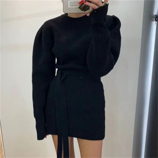 

2021 new dressed in elegant women's solid mesh the loose neck puff sleeves sash lace up knitted waist mini dress above knee spring g4n1, Black;gray