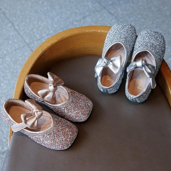 

flat shoes baby leather for girls toddlers fashion rhinestone children with bow autumn spring kids' 1 2 3 4 5 6 year old, Black;grey