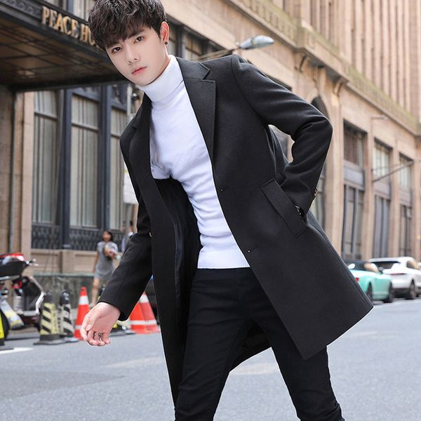 

autumn and winter mid long handsome leisure korean slim youth trend woollen coat men's windbreaker, Tan;black