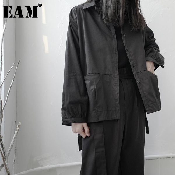 

eam] women black big pocket oversized blouse new lapel long sleeve loose fit shirt fashion tide spring autumn 2020 1s2391, White