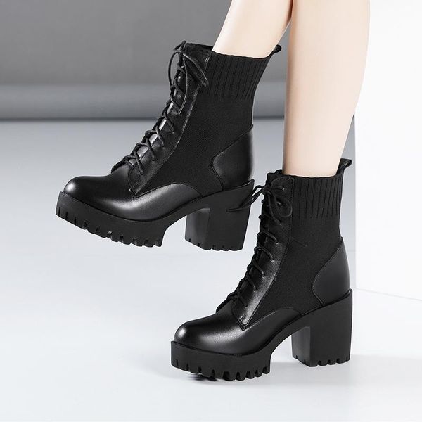 

plus size 32-43 square heel platform boots women shoes winter fall 2021 high heels motorcycle boots leather fur ankle, Black