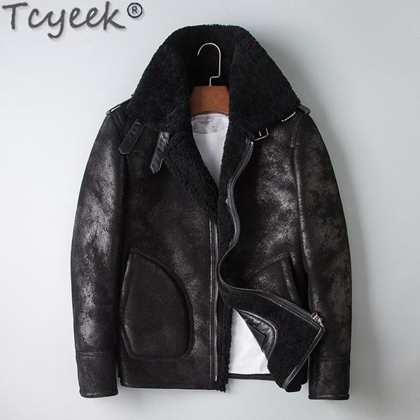 

tcyeek 2020 natural fur coat men sheep shearling short male jacket motorcycle mens jackets and coats plus size 5xl hommes veste, Black