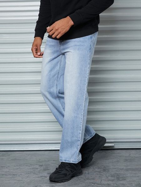 

men washed straight leg jeans c611#, Blue