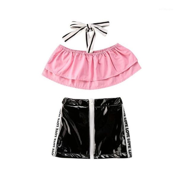 

clothing sets girls outfit summer hanging neck flouncing sleeveless leather short skirt set 1-6 years1, White