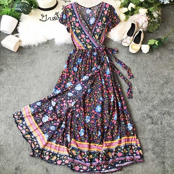 

pink floral wrap summer dress v neck belt tied new maxi dress short sleeve gypsy casual women 2020 vestidos, Black;gray