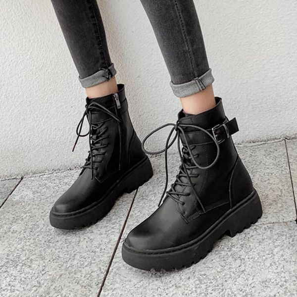 

flat-bottomed british cycling boots women autumn and winter new style shoes ladies strap black design boots