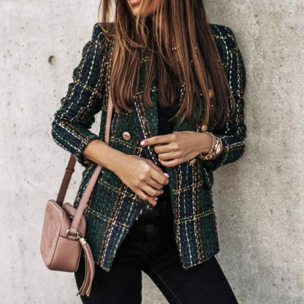 

chic women jackets office ladies green plaid coats female autumn vintage thick plaid coat girls coats oversized outerwear g2077, Black;brown