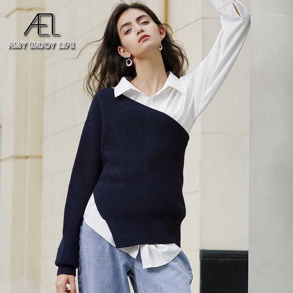 

women's sweaters ael navy blue pullover side vent women spring elastic knitting wool blend out wear one sleeve sweater streetwear1, White;black
