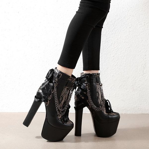 

boots 2021 platform 7cm women metal decoration chain booties cowgirls 16cm high heels fetish prom shoes fall black boots1