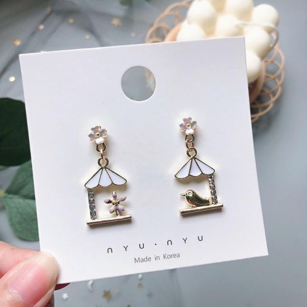 

dangle & chandelier squerim korean cute vintage flower enamel earrings for women fashion bird boucle d'oreille brincos jewelry, Silver