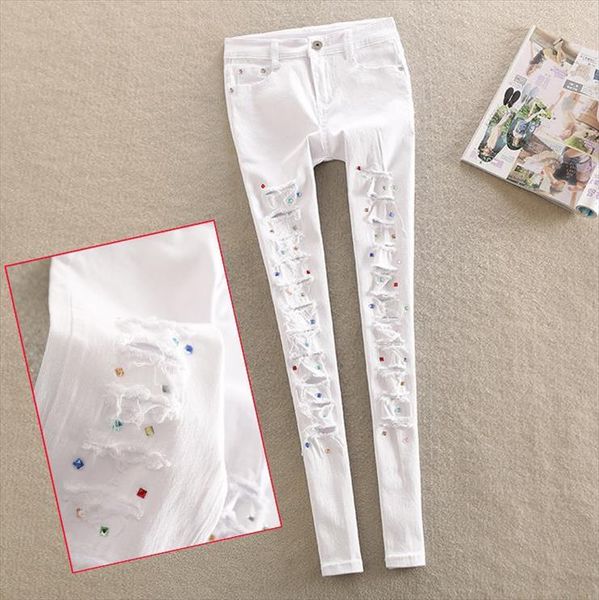 

spring new diamond jeans female personality white rhinestone pants hole pencil jeans plus size drop shipping, Blue