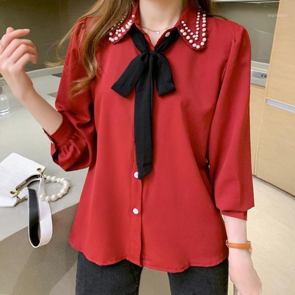 

2020 new women lantern sleeve beading collar chiffon blouse with black bow office lady elegance red shirts korean style t081, White