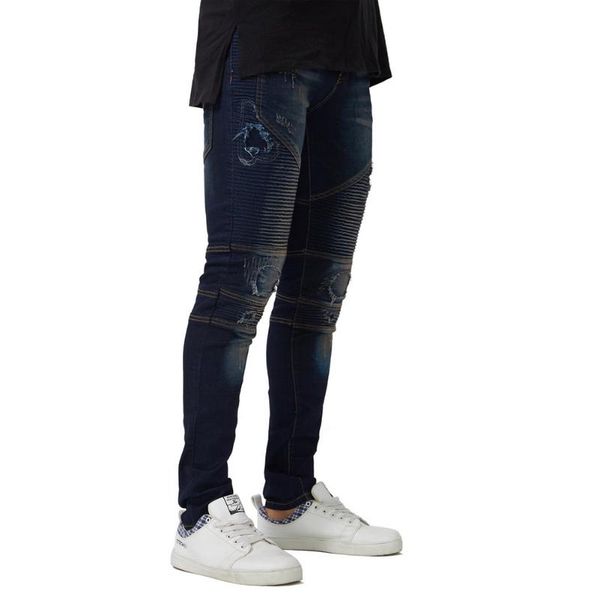

2021 new men's motorcycle biker jeans stretch ripped destroyed pencil jeans, Blue