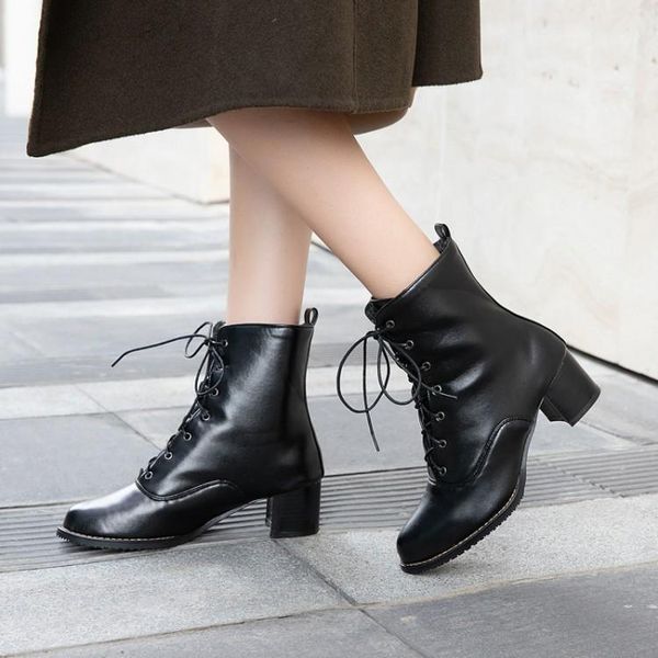 

boots big size 9 10 11-19 women shoes ankle for ladies woman winter front cross strap square heel1, Black