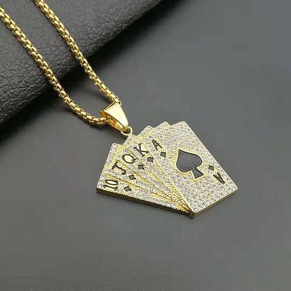 

bling bling full cubic zirconia stones stainless steel poker royal flush pendant necklace gold color playing cards necklace, Silver