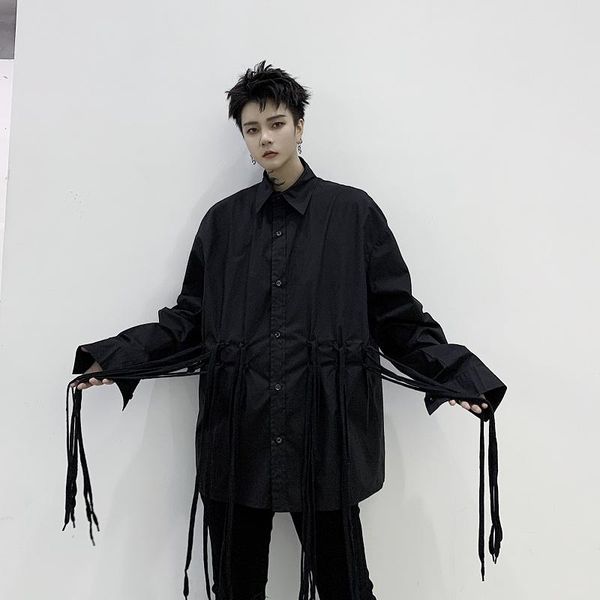 

men japan style casual loose long sleeve shirt male ribbon streetwear hip hop dark black shirt stage clothing, White;black