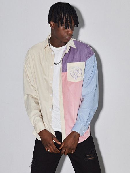 

men letter & floral print colorblock panel shirt 169z#, White;black