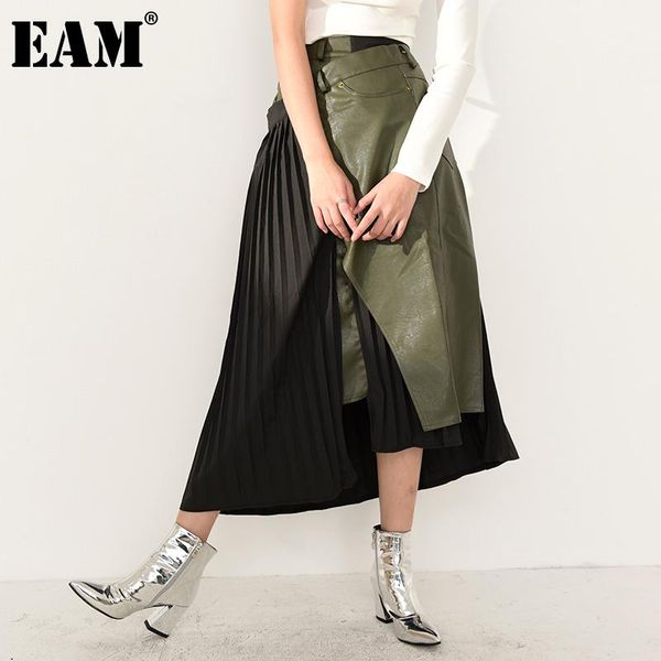 

eam] high elastic waist pu leather green pleated irregular half-body skirt women fashion tide new spring autumn 2021 1dc84206, Black