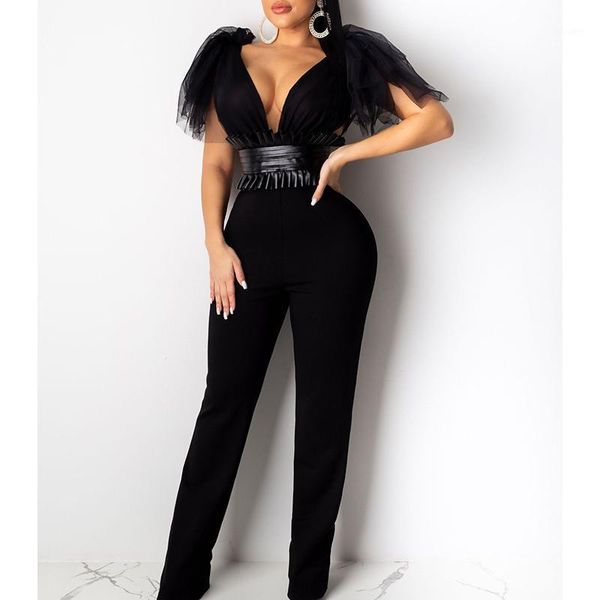 

tied bow shoulder mesh pu leather patchwork jumpsuit women black white long wide pants jumpsuit womens rompers club overall1