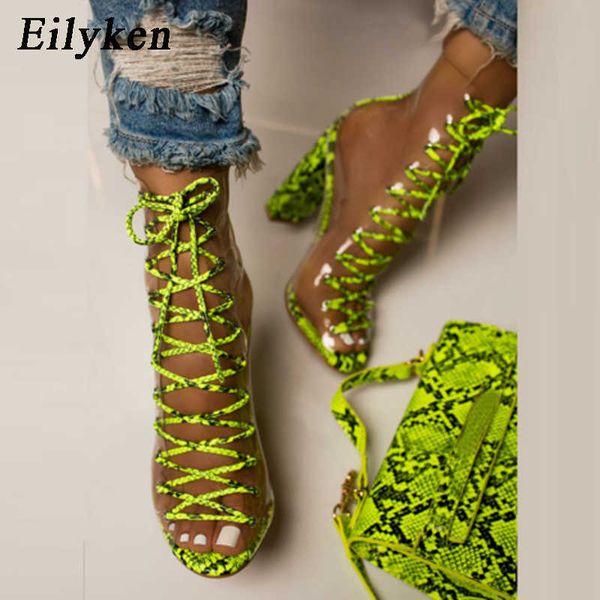 

classic luxury designer pvc transparent green serpentine ankle strap boots sandals peep toe shoes chunky heels mujer women, Black