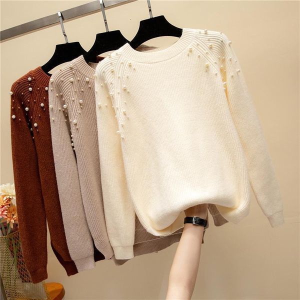 

beading soft women fall fashion all match solid knitted sweater pullover pull femme 2021 winter long sleeve o neck sweaters, White;black