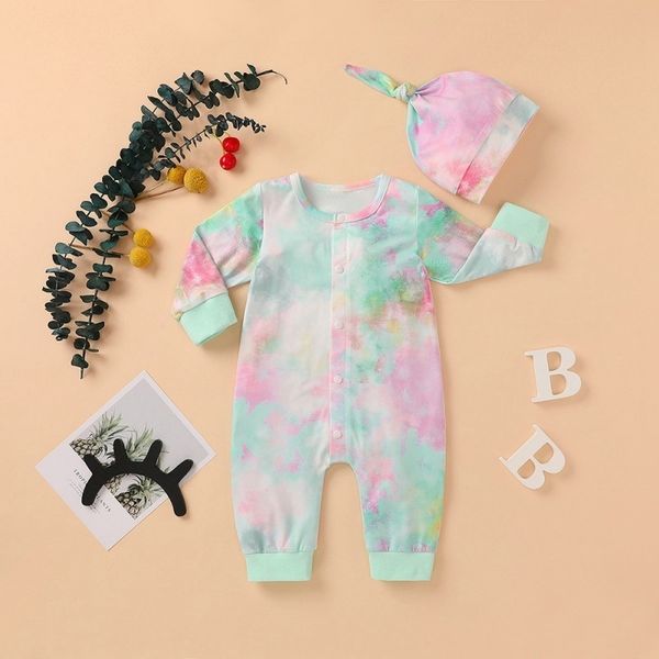 

newborn baby clothes boys girls romper gradient printed long sleeve toddler infant tie dye jumpsuit playsuits hats outfits 201028, Blue