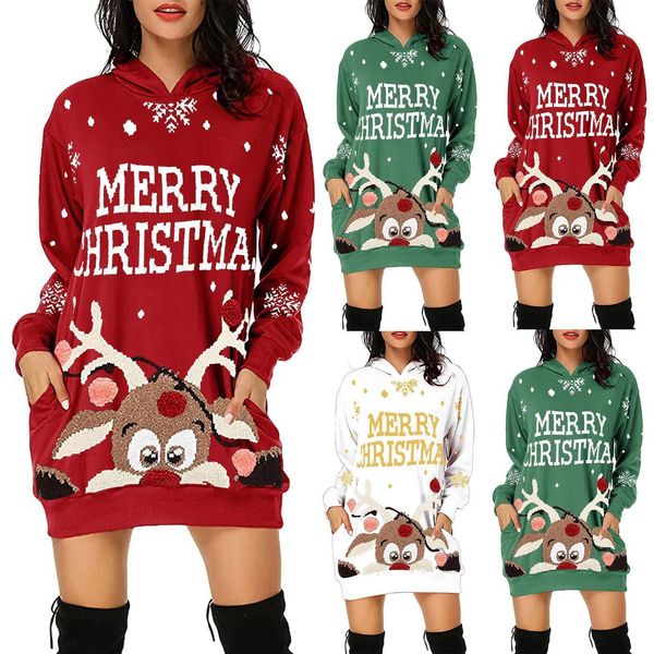 

40# christmas dress women fashion christmas hoodie bag hip pocket print hoodie dress long sleeve winter vestidos invierno mujer, Black;gray