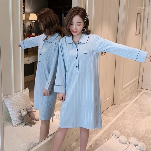 

lapel nightdress female spring and autumn long-sleeved korean cotton loose large size home service cardigan shirt skirt pijama1, Black;red